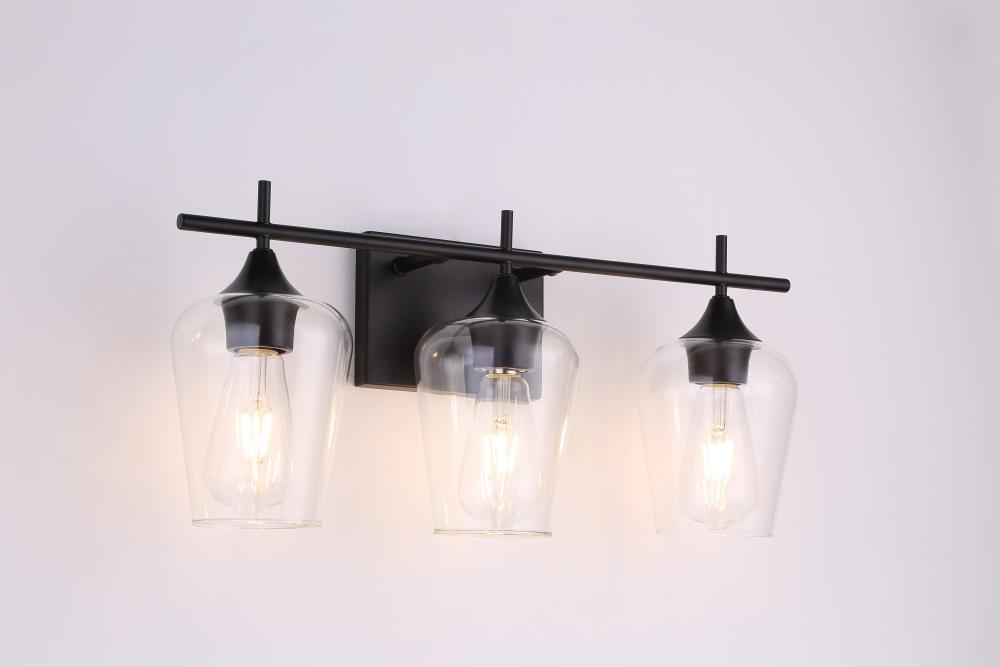 3x60W E26 -Light vanity in Black with clear glass with multiple replaceable socket rings