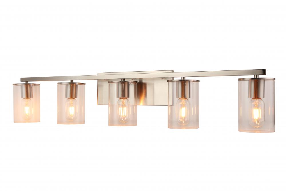 5 Light Vanity in Satin Nickel and Black finish frame with replaceable Socket Rings